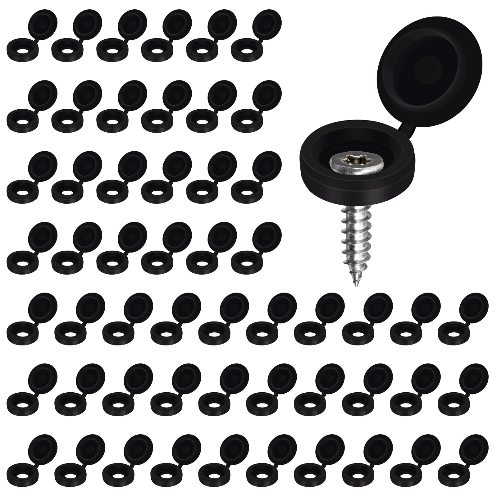 Aleric 100pcs Screw Caps, 5mm ID Plastic Hinged Screw Cover Caps, Folding Shutter Screw Covers Cap Snap Washer Covers Flip Tops for Covering Screw Heads, Screw Protection Caps (Medium, Black)