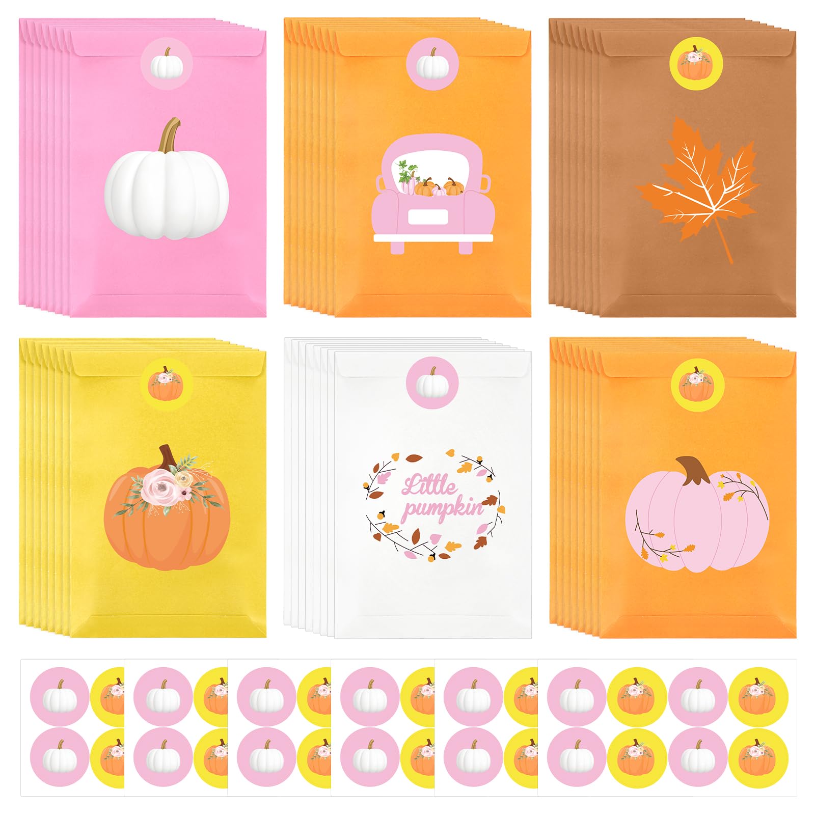 48Pcs Little Pumpkin Party Favor Bags, Pink Pumpkin Candy Bags Halloween Goodie Gift Bags with Stickers for Girl Fall Baby Shower Little Pumpkin Baby Shower Fall Birthday Thanksgiving Party Favor