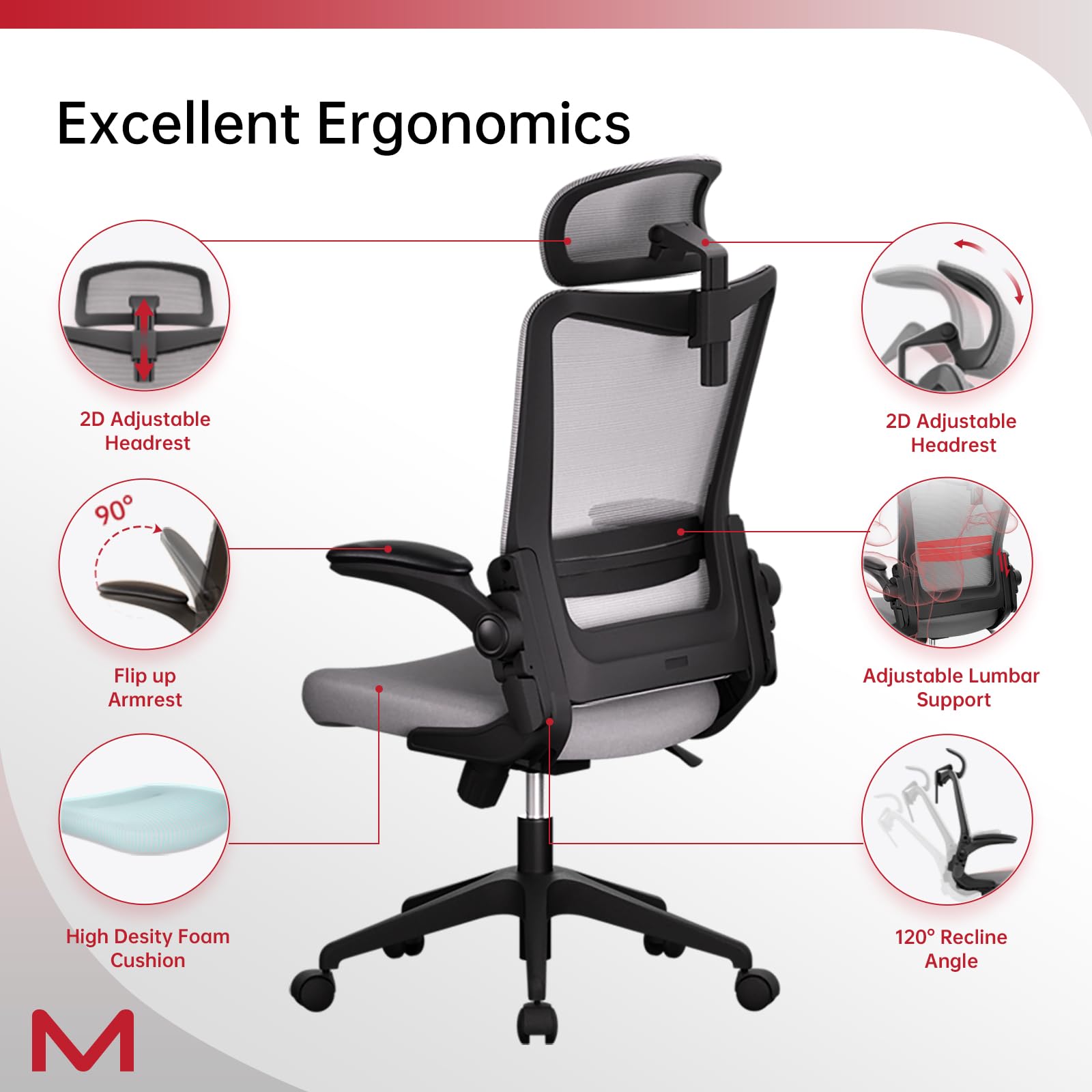 Motostuhl C6 Grey Ergonomic Office Chair Office Desk Chair with Lumbar Support 2D Headrest Flip Up 4D Armrest 120° Rocking Mesh Computer Chair Office Chairs for Office Home Conference Room Usage