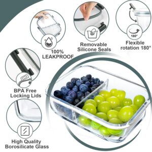 VERONES 10 Pack Glass Meal Prep Containers 2 Compartment Set, 30 OZ Airtight Glass Lunch Containers, Glass Food Storage Containers with Lids, for Microwave, Oven, Freezer & Dishwasher Friendly，Grey