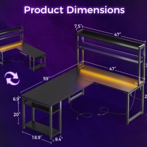 AODK L Shaped Gaming Desk with Hutch & 2 Power Outlets & 2 LED Strips & Monitor Stand, 66" Reversible Computer Desk with Storage Shelves, Corner Desk for Home Office, Black