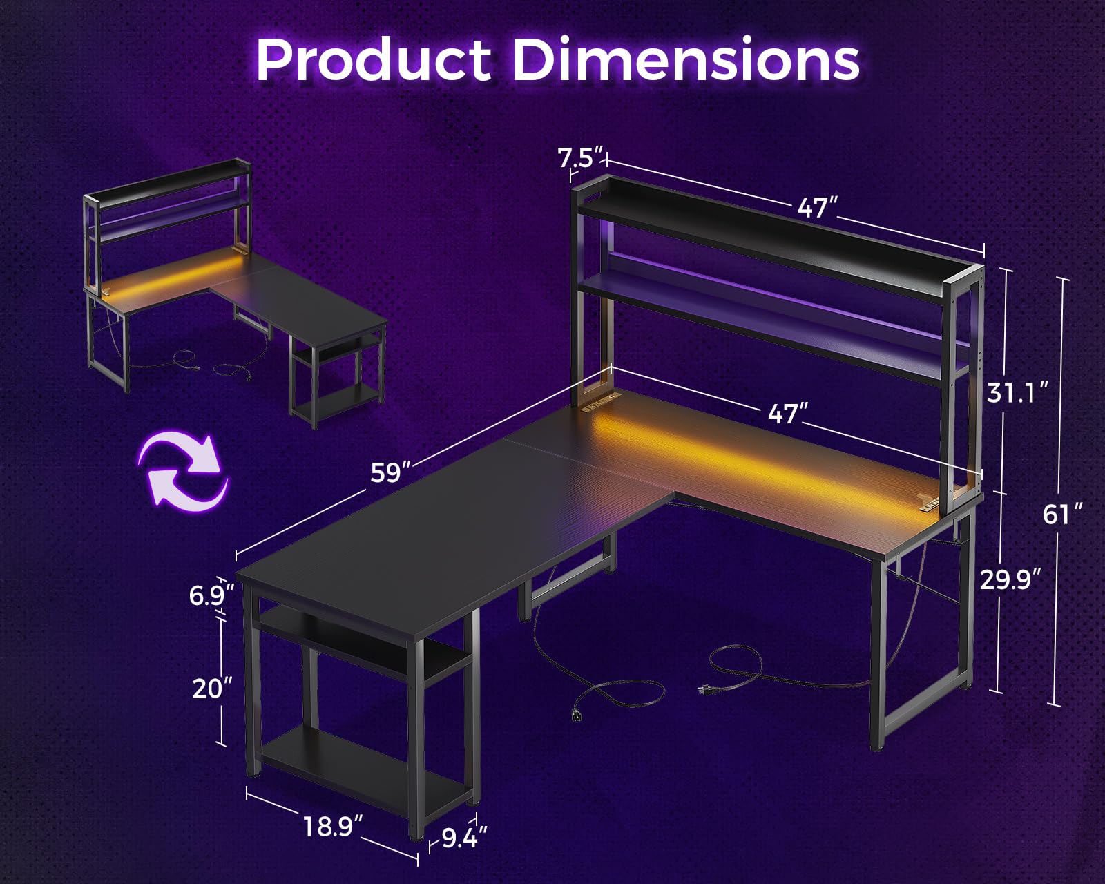 AODK L Shaped Gaming Desk with Hutch & 2 Power Outlets & 2 LED Strips & Monitor Stand, 66" Reversible Computer Desk with Storage Shelves, Corner Desk for Home Office, Black