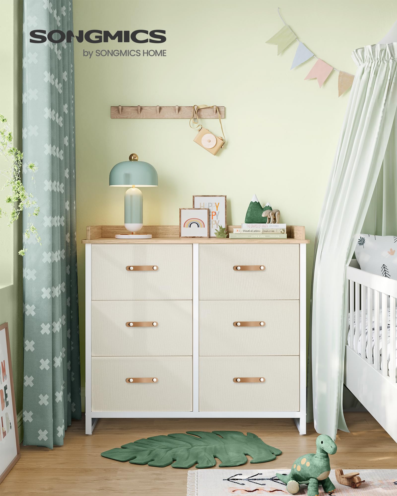 SONGMICS Dresser for Bedroom with 6 Drawers, Chest of Drawers, with Water-Resistant Changing Table, Storage Organizer Cabinet, for Kids Room Nursery Living Room Hallway, Beige UGKR101K01