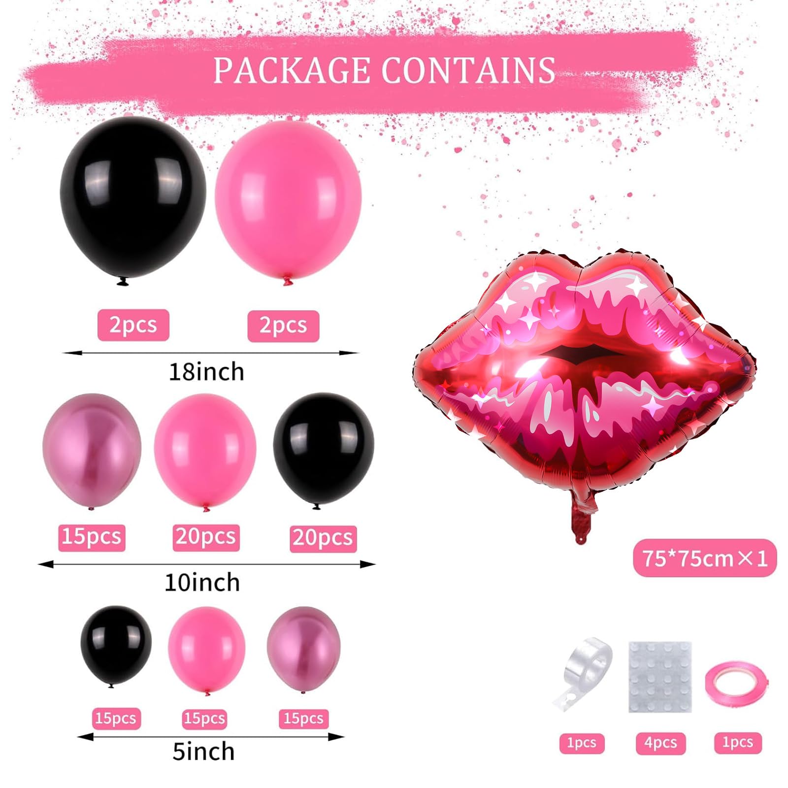 Pink Balloon Garland Arch Kit,Hot Pink Black Rose Red Balloon Garland Red Lips Foil Balloon for Theme Party Girl Birthday Baby Shower Themed decorations