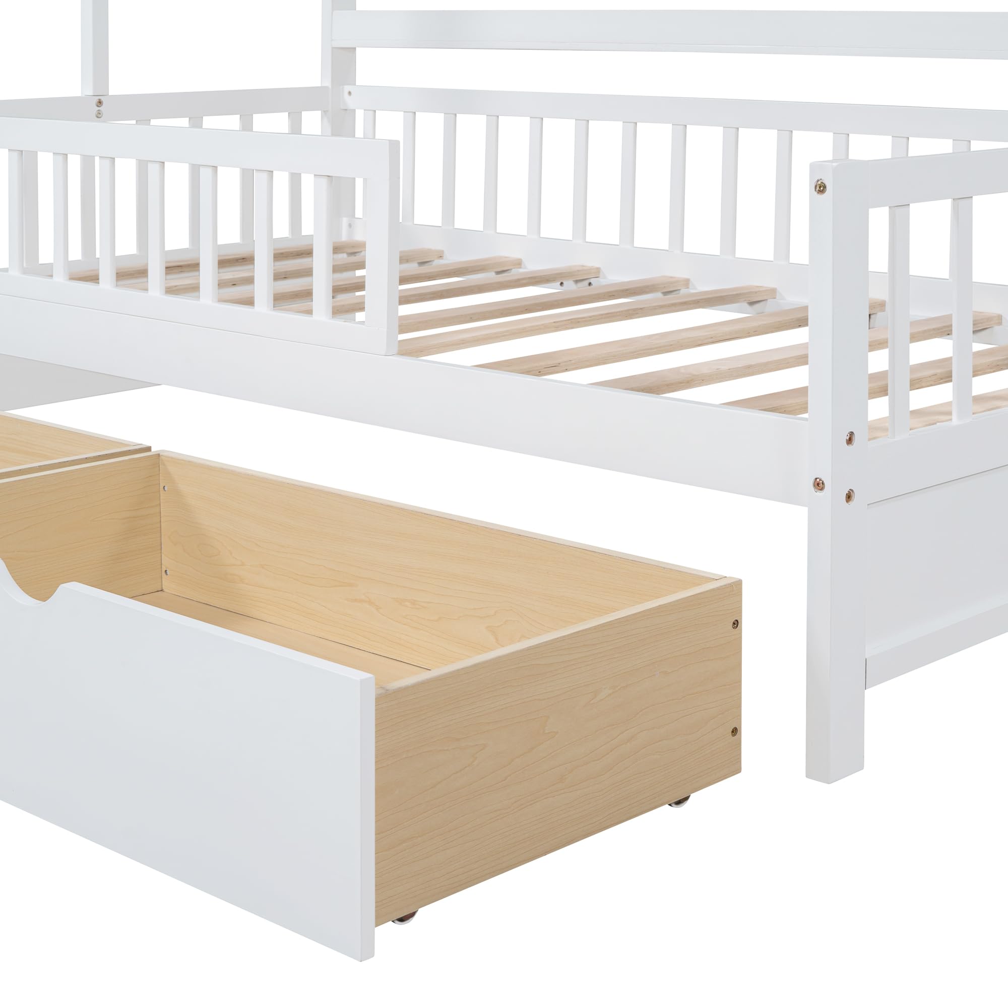 Merax Wood Twin House Bed Frame with Drawers/Book Shelf,Low Sofa Daybed for Boys Girls,No Box Spring Needed White