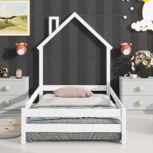 HZANHY Twin Toddler Floor Bed, Montessori Bed with House-Shaped Headboard Twin Size Wood House Bed Frame on Floor with Fence Guardrails Excluded Mattress/No Box Spring Needed for Girls Boys