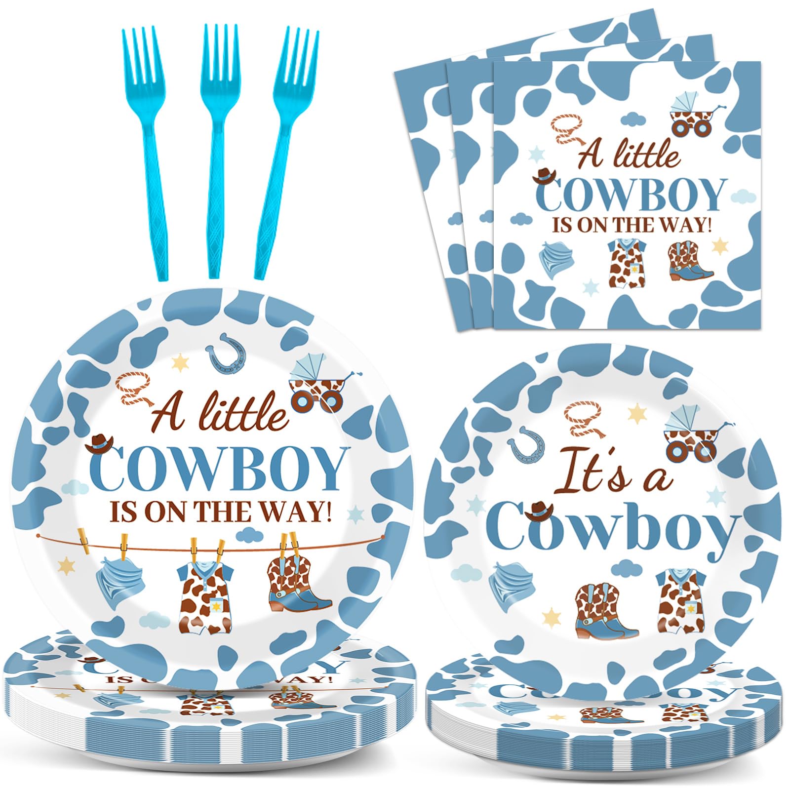 96 Pcs Western Baby Shower Plates and Napkins Party Supplies Western Cowboy Tableware Set Little Cowboy Party Decorations Favors for Cowboy Baby Shower Serves 24 Guests