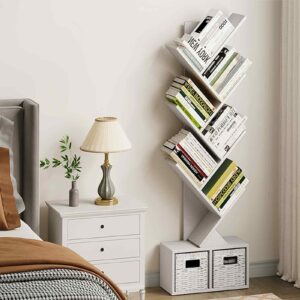 Vagusicc Tree Bookshelf, 6 Tier Bookshelf with Storage, Tall Narrow Bookcase, Wood Book Storage Rack for CDs/Books, Small Book Organizer Shelves for Bedroom, Living Room, Home Office, White