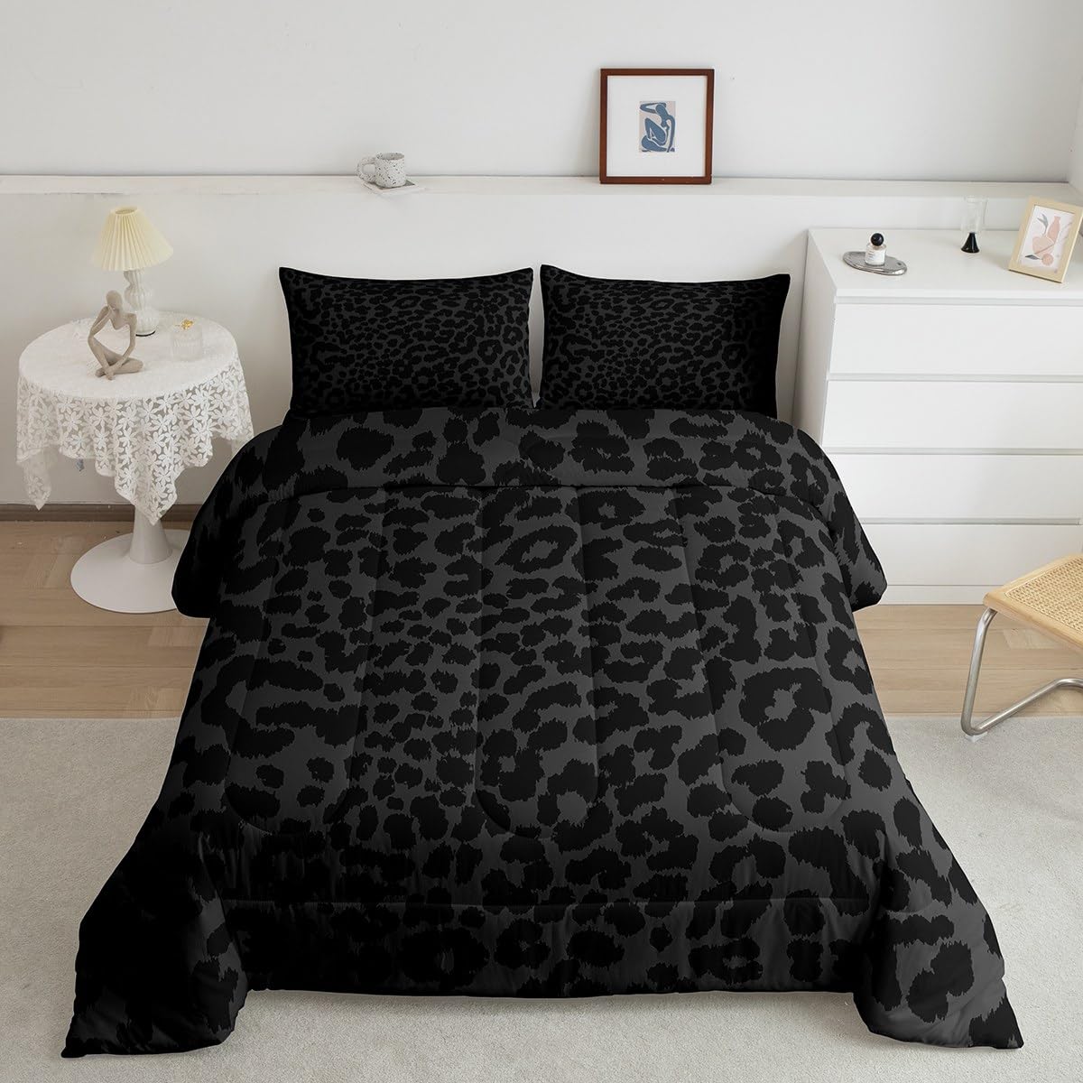 Manfei Leopard Print Comforter Set Queen Size,Abstract Cheetah Skin Texture Bedding Set,Kids Girls Beauty Woman Room Decor,Rustic Farmhouse Retro Down Comforter,Black Noble Duvet Insert,2 Pillowcases