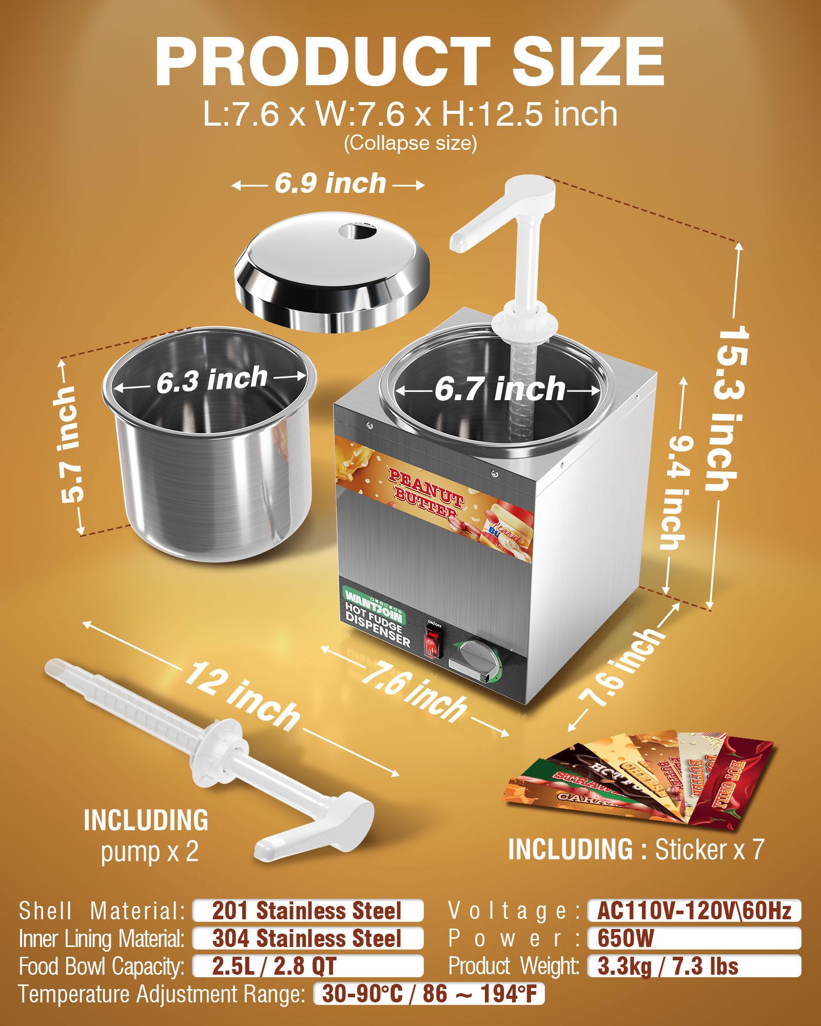 WantJoin Nacho Cheese Dispenser with Pump,2.8Qt Nacho Cheese Warmer,Stainless Steel Hot Fudge Warmer W/5-Level Temperature Adjustment,Commercial Hot Fudge Dispenser for Hot Fudge Cheese Caramel