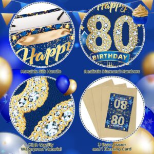 Blue 80th Birthday Gift Bag, Large Navy Blue and Gold Happy 80th Birthday Gift Bag with Card and 3pcs Tissue Paper for Men Women 80th Anniversary Birthday Party Favors Goodie Wrapping Bag Supplies