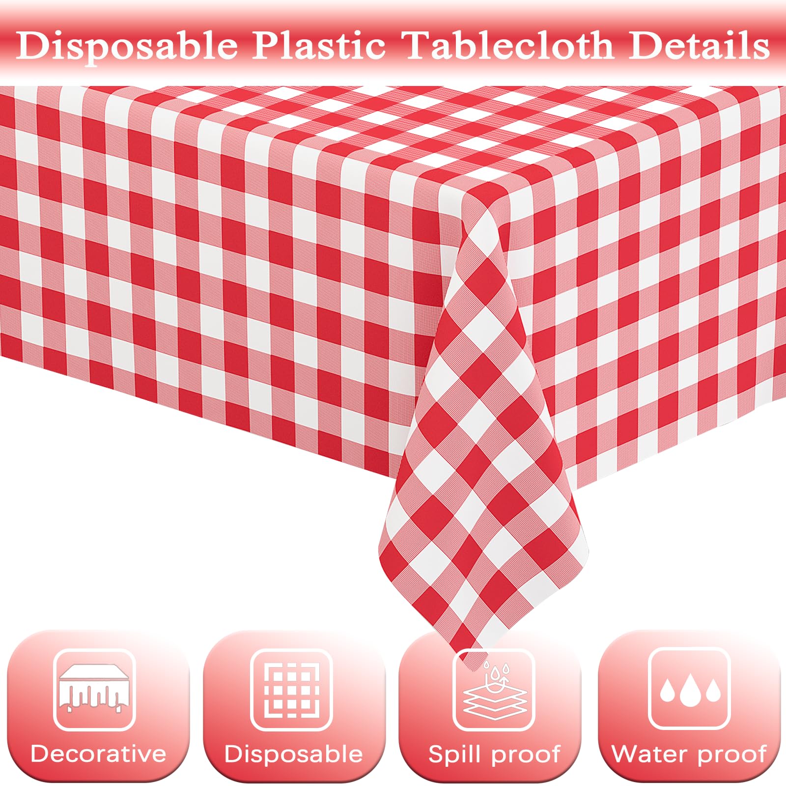 WNINK 2 Pack Red Gingham Tablecloth Rectangular Red and White Checkered Tablecloths Disposable Plastic Red Plaid Table Cover for Parties, Christmas, Outdoor Picnic, Birthday, Wedding, Camping 54 × 108