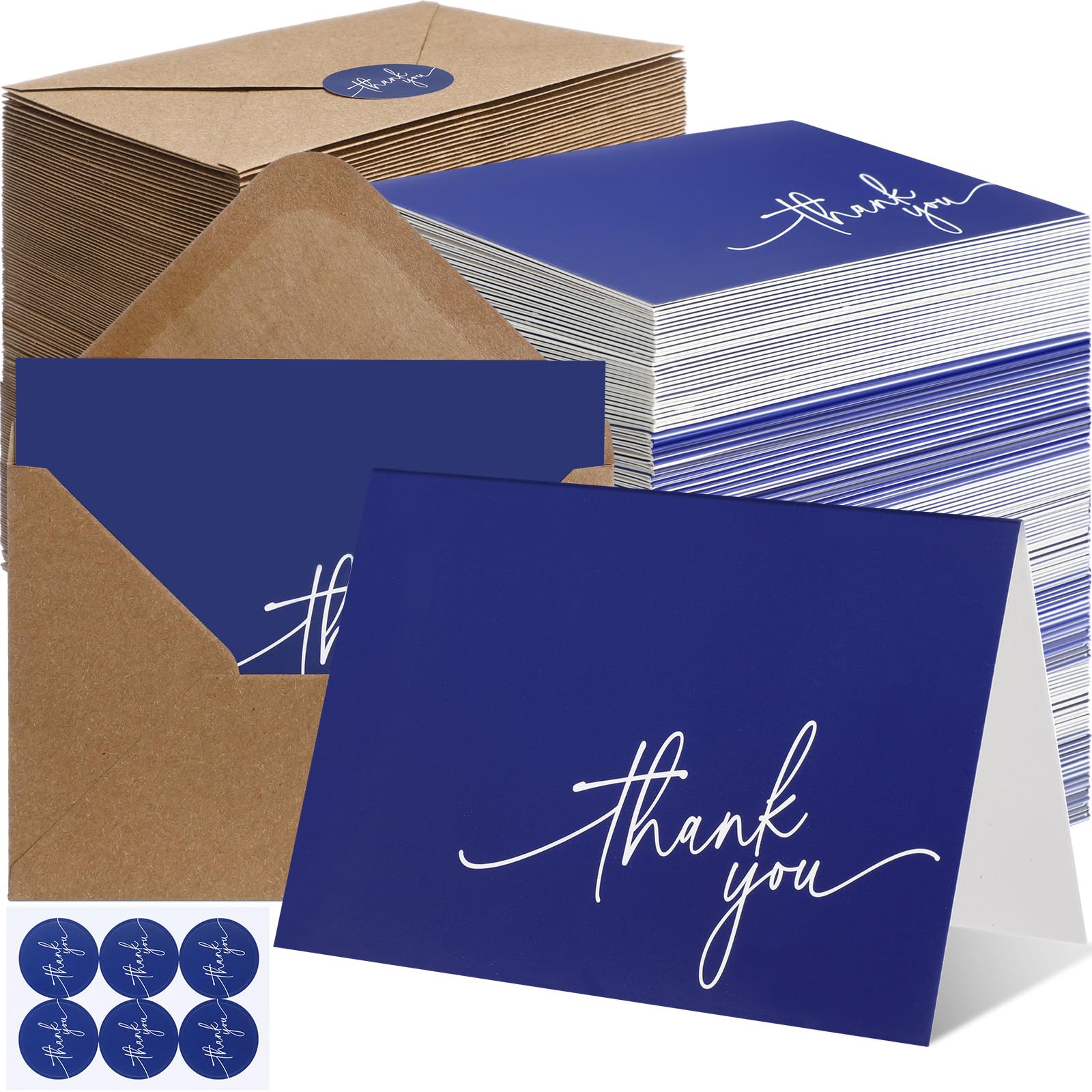 Gueevin 200 Pcs Thank You Cards with Kraft Envelopes and Stickers Bulk,3.5 x 5 Inch Classy Blank Thank You Notes for Wedding,Business,Graduation,Baby Shower,Bridal Shower,Funeral(Navy Blue)