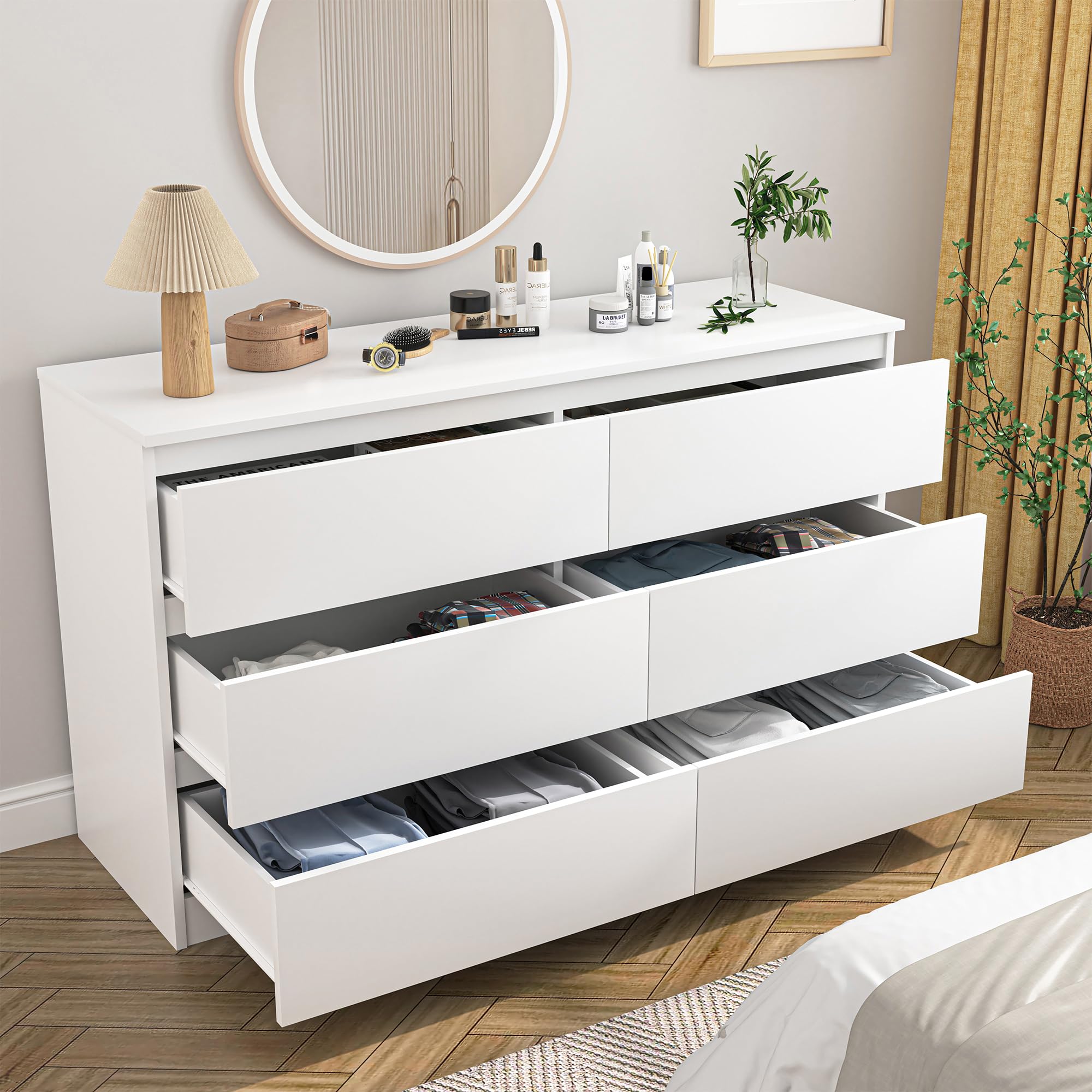 Spaco White Dresser for Bedroom,6 Drawer Dresser,Chest of Drawers & Dresser,Wood Dresser,Dresser Bedroom Furniture,Wide TV Stand Dresser for Nursery,Kid's Room