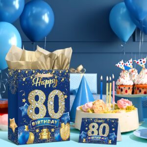 Blue 80th Birthday Gift Bag, Large Navy Blue and Gold Happy 80th Birthday Gift Bag with Card and 3pcs Tissue Paper for Men Women 80th Anniversary Birthday Party Favors Goodie Wrapping Bag Supplies