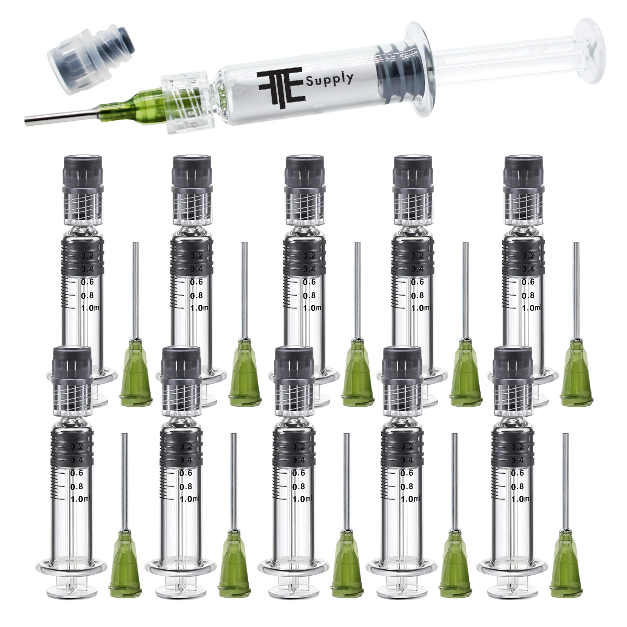 TFE 10 Pack Borosilicate Glass Luer Lock Syringe 1ml Capacity Reusable Glass Syringes - Use for Arts and Crafts, Thick Liquids, Oils, Vet, Glue, Lab, Ink with 14GA Blunt Tip Pet Safe Needles