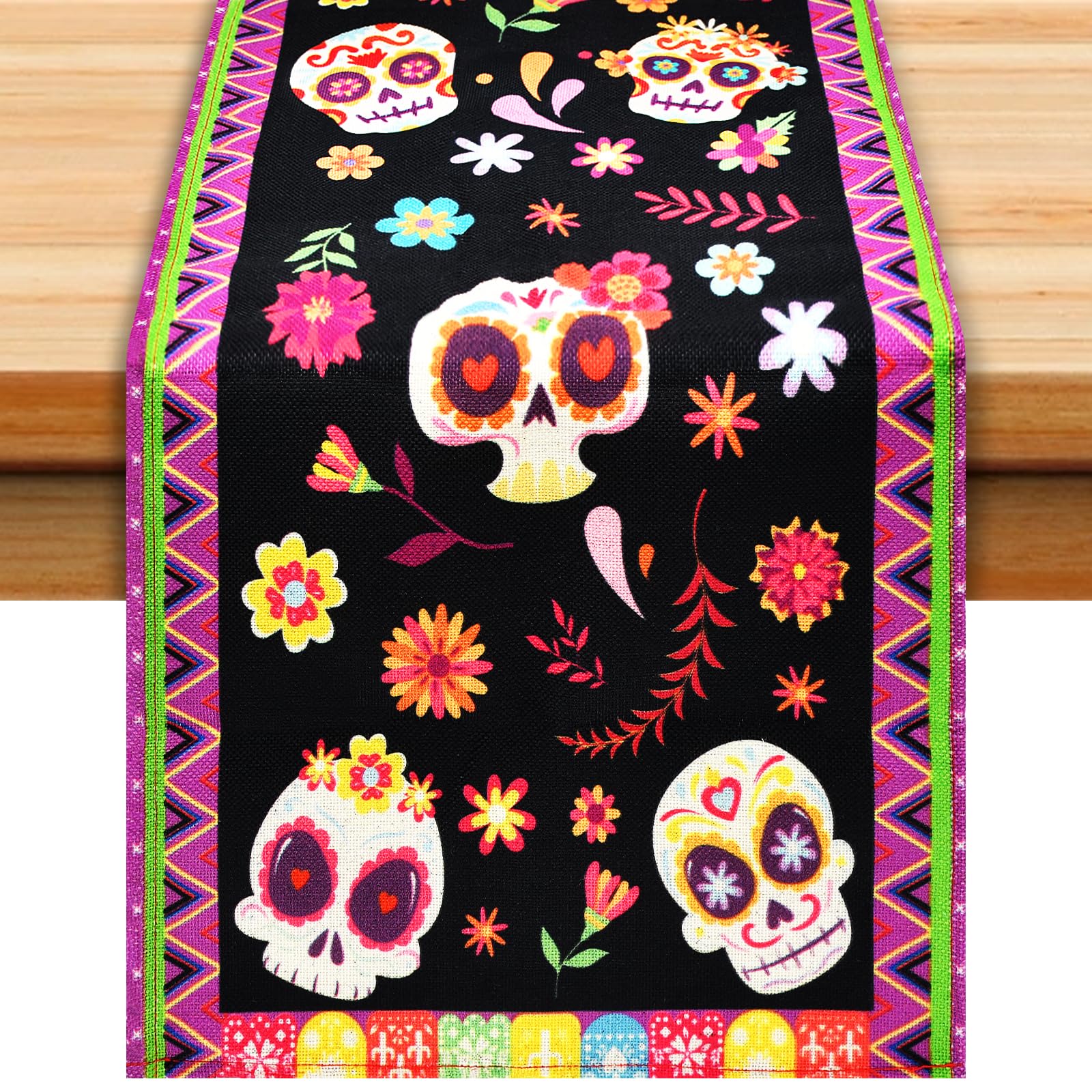 Day of The Dead Table Runner 72 x 13 Inch Decorations, Dia De Los Muertos Sugar Skull Mexican Fiesta Carnival Table Cover Decor, Rustic Linen Altar Themed Party Supplies for Home Kitchen Dining Mantel