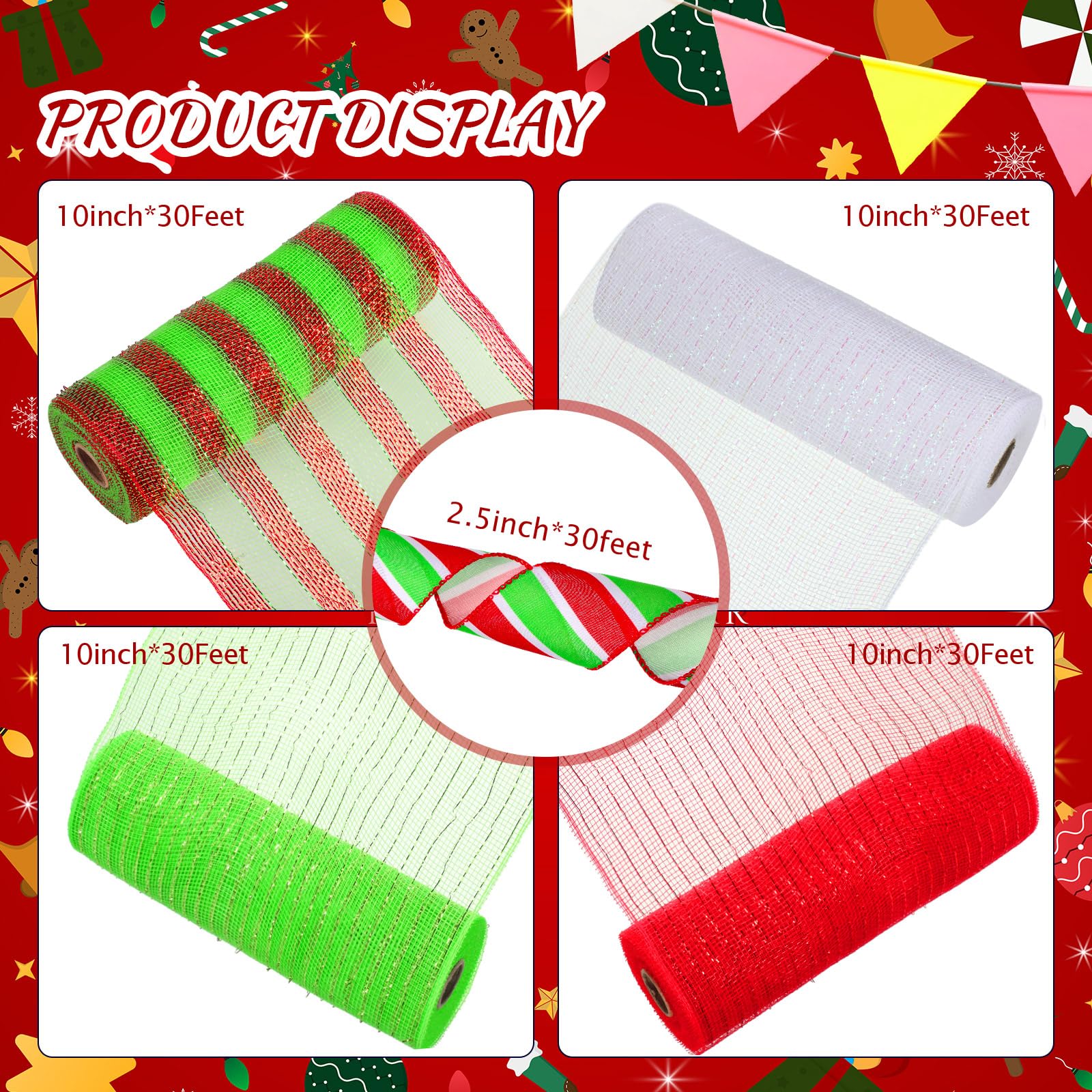 Unittype 5 Rolls Christmas Red Green 30 Feet Each Roll Poly Burlap Mesh with Ribbon 10 Inches for Day Party Gift Wrapping DIY Crafts, Style