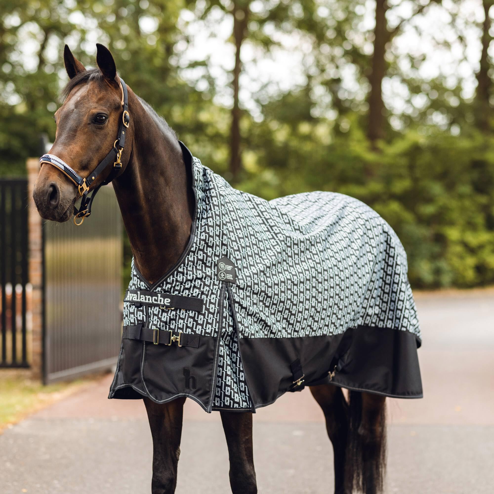 Horze Avalanche 1200D High Neck Turnout Rain Sheet (No Fill) | Lightweight Waterproof Horse Blanket - Dark Navy/Dawn Grey Print - 75 in