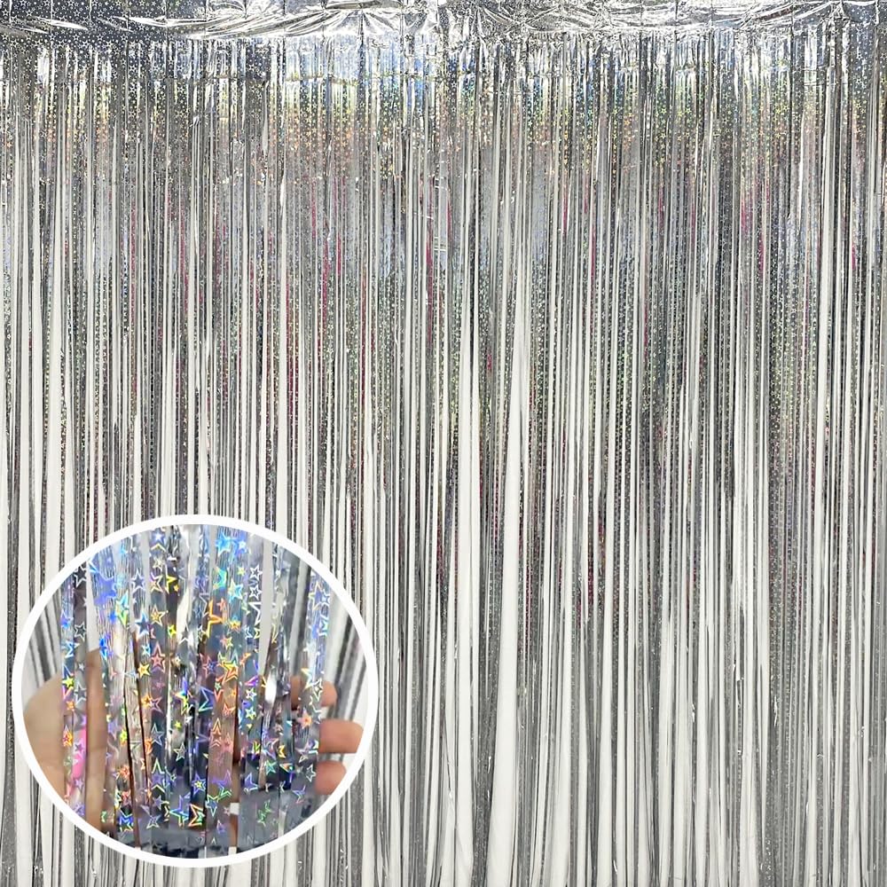 AIBIIN 2pcs 3.3x6.6ft Silver Tinsel Curtain Backdrop Silver Foil Fringe Curtain Backdrop Tinsel Streamers Party Decorations for Birthday Wedding Engagement Bridal Shower Baby Shower Bachelorette