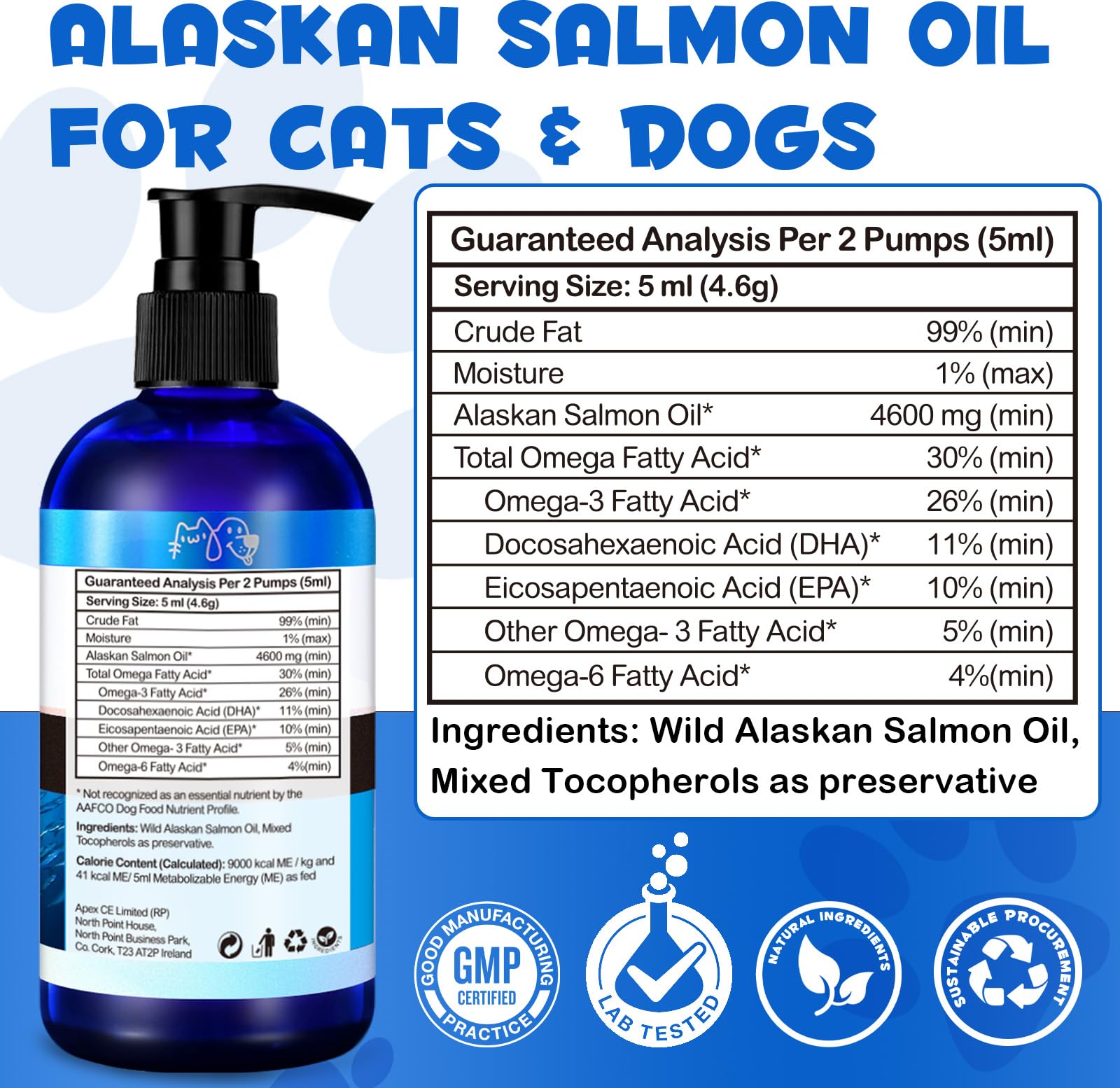 Salmon Oil for Dogs & Cats,Fish Oil for Dogs,Omega 3 Fish Oil for Dog's Skin and Coat,Supports Healthy Dog Skin and Coat Supplement, Contains Omega-3, EPA&DHA Wild Alaskan Salmon Oil 250ml