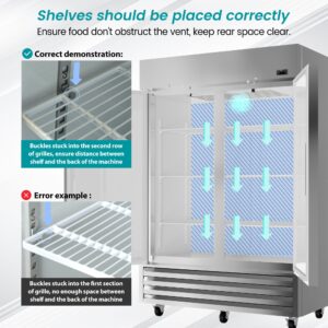 KICHKING 54"W 2 Door Commercial Freezer 49 Cu.Ft Dynamic Cooling OmniSmart Temperature Control -10℉~10℉ Self Closing Stainless Steel Reach-In Commercial Freezer Digital Thermostat LED Light 6 Shelves