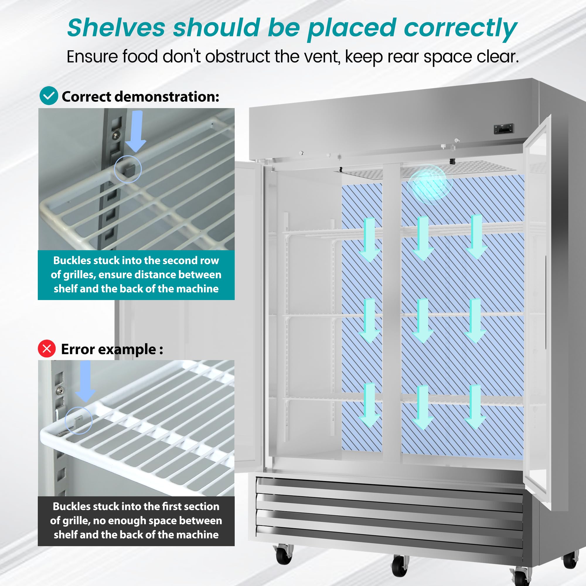 KICHKING 54"W 2 Door Commercial Freezer 49 Cu.Ft Dynamic Cooling OmniSmart Temperature Control -10℉~10℉ Self Closing Stainless Steel Reach-In Commercial Freezer Digital Thermostat LED Light 6 Shelves