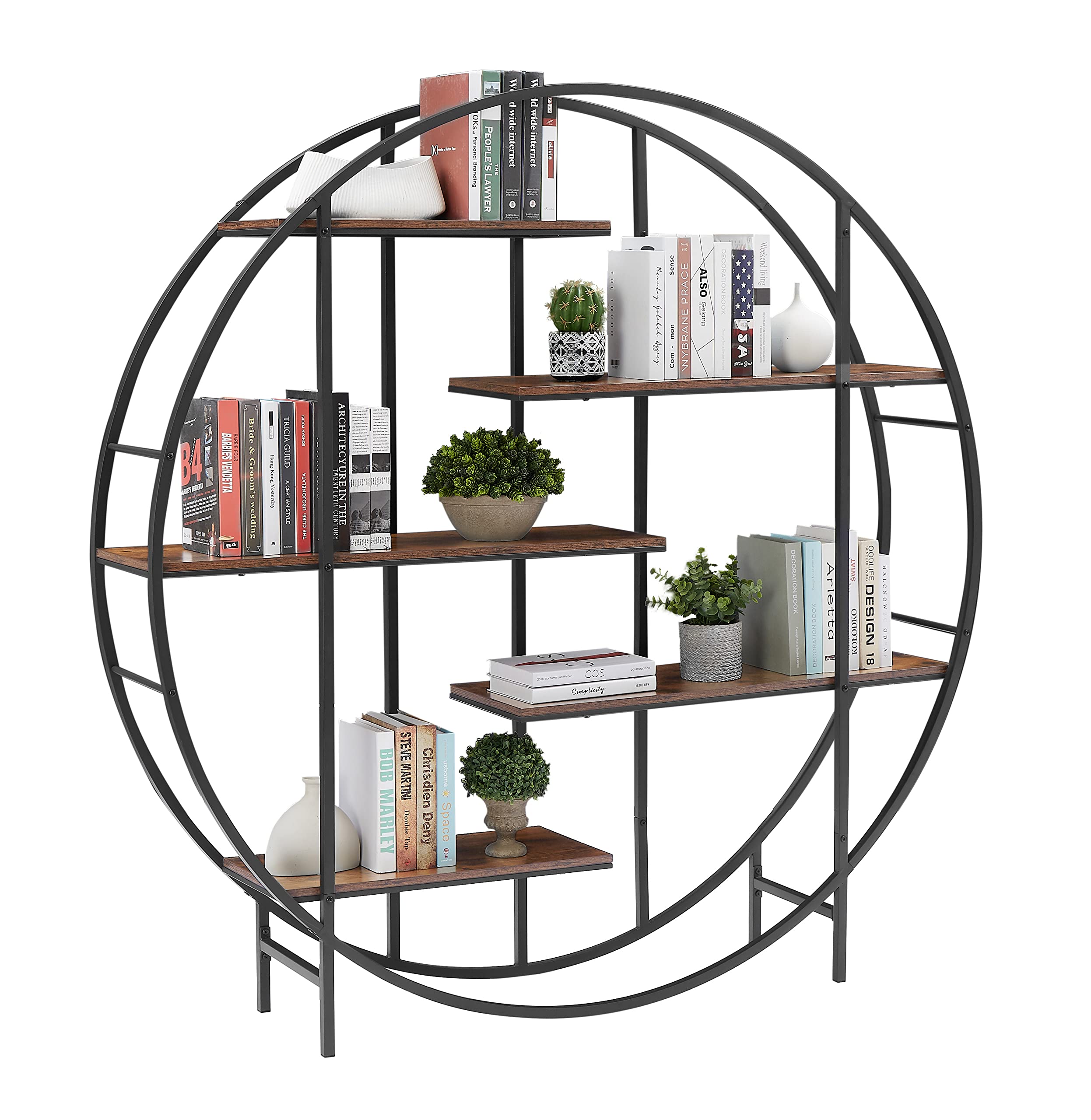 Ufurpie Bookshelf, 5 Tier Round Mid Century Modern Metal Plant Stand Bookshelves Storage Rack, Indoor Living Room Terrace Garden Balcony Plant Display Stand, Bookcase Organizer