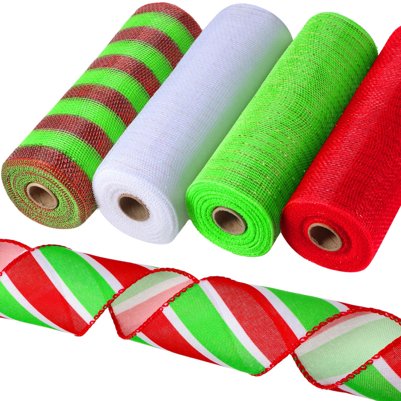 Unittype 5 Rolls Christmas Red Green 30 Feet Each Roll Poly Burlap Mesh with Ribbon 10 Inches for Day Party Gift Wrapping DIY Crafts, Style