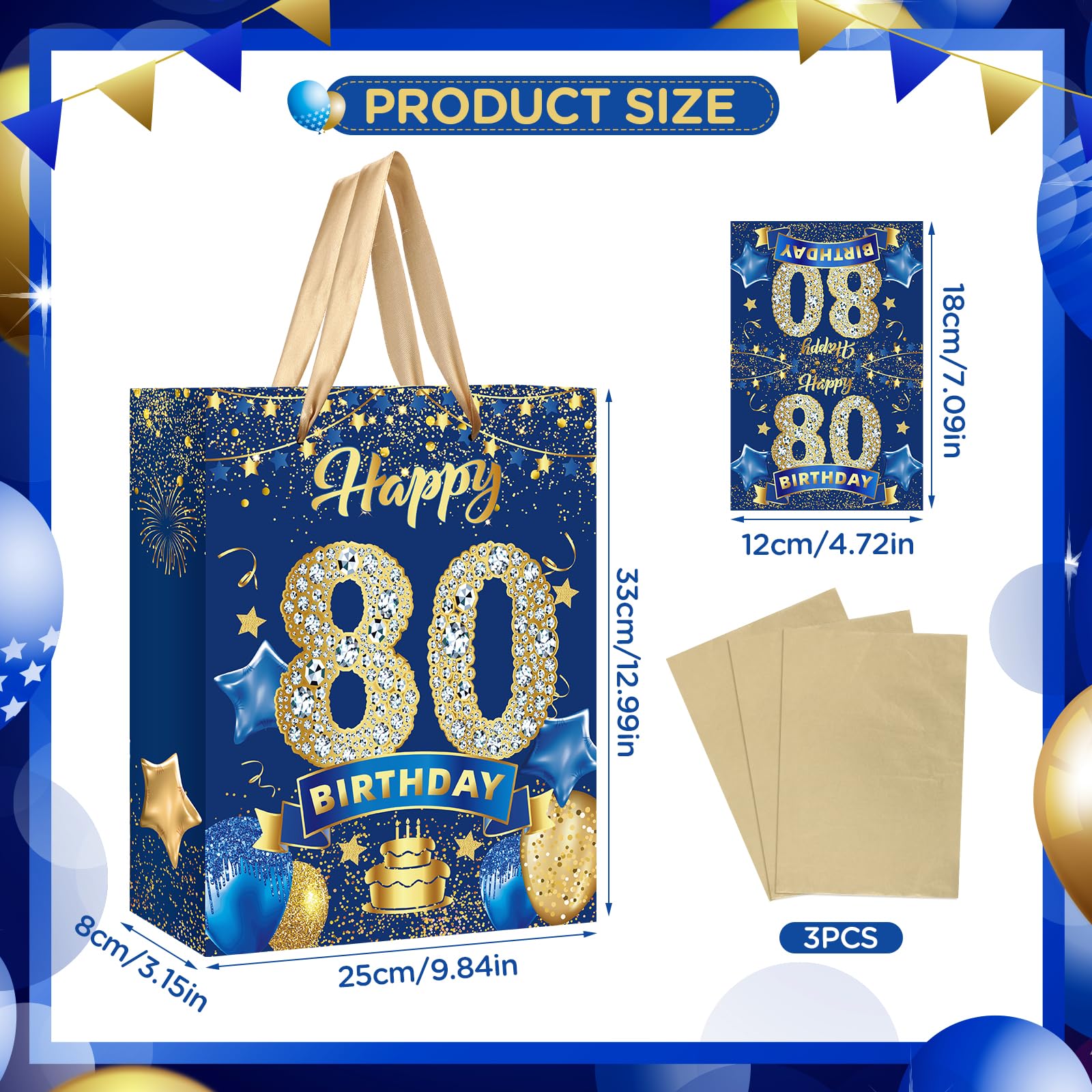 Blue 80th Birthday Gift Bag, Large Navy Blue and Gold Happy 80th Birthday Gift Bag with Card and 3pcs Tissue Paper for Men Women 80th Anniversary Birthday Party Favors Goodie Wrapping Bag Supplies