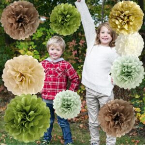 ANSOMO Sage Green Brown Gold Tissue Paper Pom Poms Party Decorations Olive Tan Ivory Flowers Wall Hanging Décor Jungle Safari Woodland Wild Table Centerpieces Supplies Birthday Bridal Baby Shower