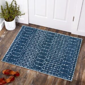 lahome moroccan indoor rugs for entryway - 2x3 area rug non-slip backing washable inside door mats low-profile throw soft rugs for bathroom, geometric print distressed blue rug for kitchen bedside