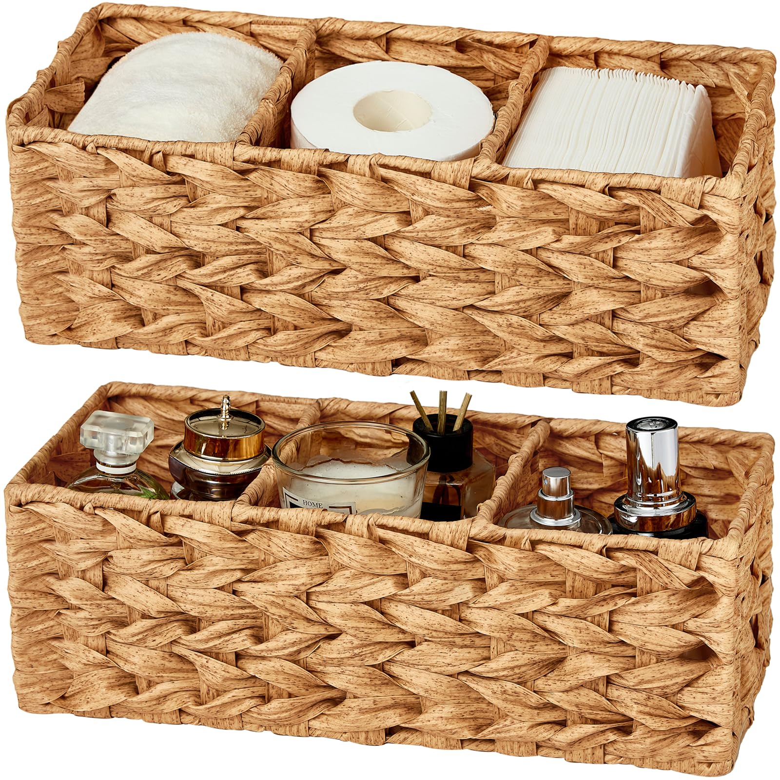 Vagusicc 3-Section Storage Basket, Hand-Woven Baskets,Toilet Paper Basket for Toilet Tank Top, Small Baskets for Organizing, 2-Pack