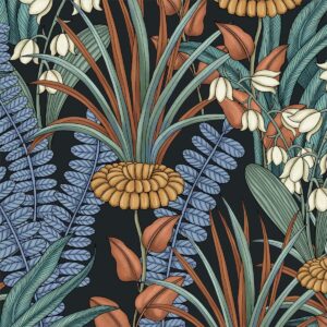 boho floral peel and stick wallpaper tropical leaf contact paper,vintage botanical flower wall paper, self adhesive wall mural 17.5" x 393" for bedroom cabinet countertop decor (black, orange, blue)