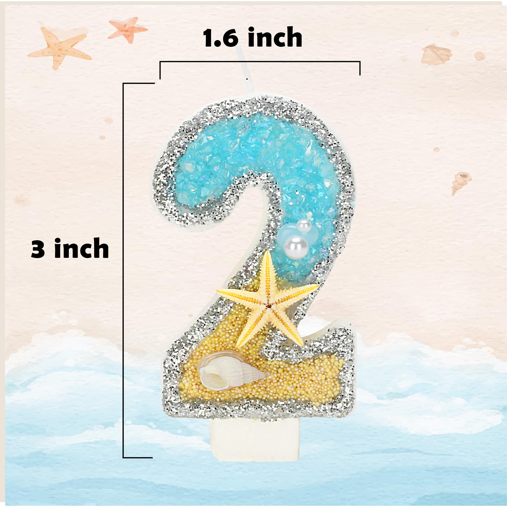 ElekFX 2nd Birthday Candle for Cake, Beach Starfish Sequins Number Cake Candles, 2.76 inch Number 2 Birthday Decorations, Cake Topper Decoration for Birthday Party (Number 2)