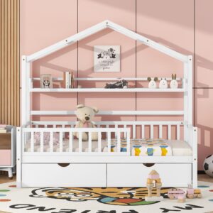 Merax Wood Twin House Bed Frame with Drawers/Book Shelf,Low Sofa Daybed for Boys Girls,No Box Spring Needed White