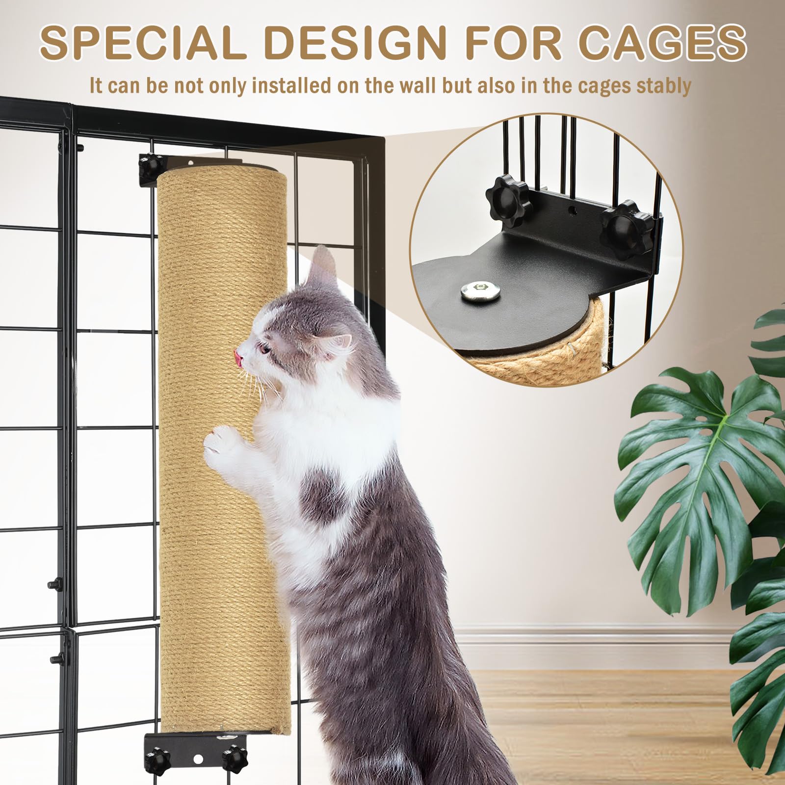 2 Pack Wall Mounted Cat Scratching Post 3 in1 Cage Wall Mounted Rope Cat Scratcher Post Replacement Cat Claw Scratcher Tree for Indoor Cats or Kittens Cat Wall Shelves Climbing Furniture (Jute)