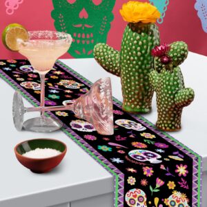 Day of The Dead Table Runner 72 x 13 Inch Decorations, Dia De Los Muertos Sugar Skull Mexican Fiesta Carnival Table Cover Decor, Rustic Linen Altar Themed Party Supplies for Home Kitchen Dining Mantel