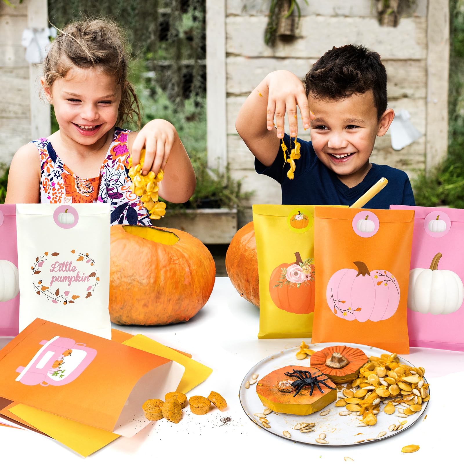 48Pcs Little Pumpkin Party Favor Bags, Pink Pumpkin Candy Bags Halloween Goodie Gift Bags with Stickers for Girl Fall Baby Shower Little Pumpkin Baby Shower Fall Birthday Thanksgiving Party Favor