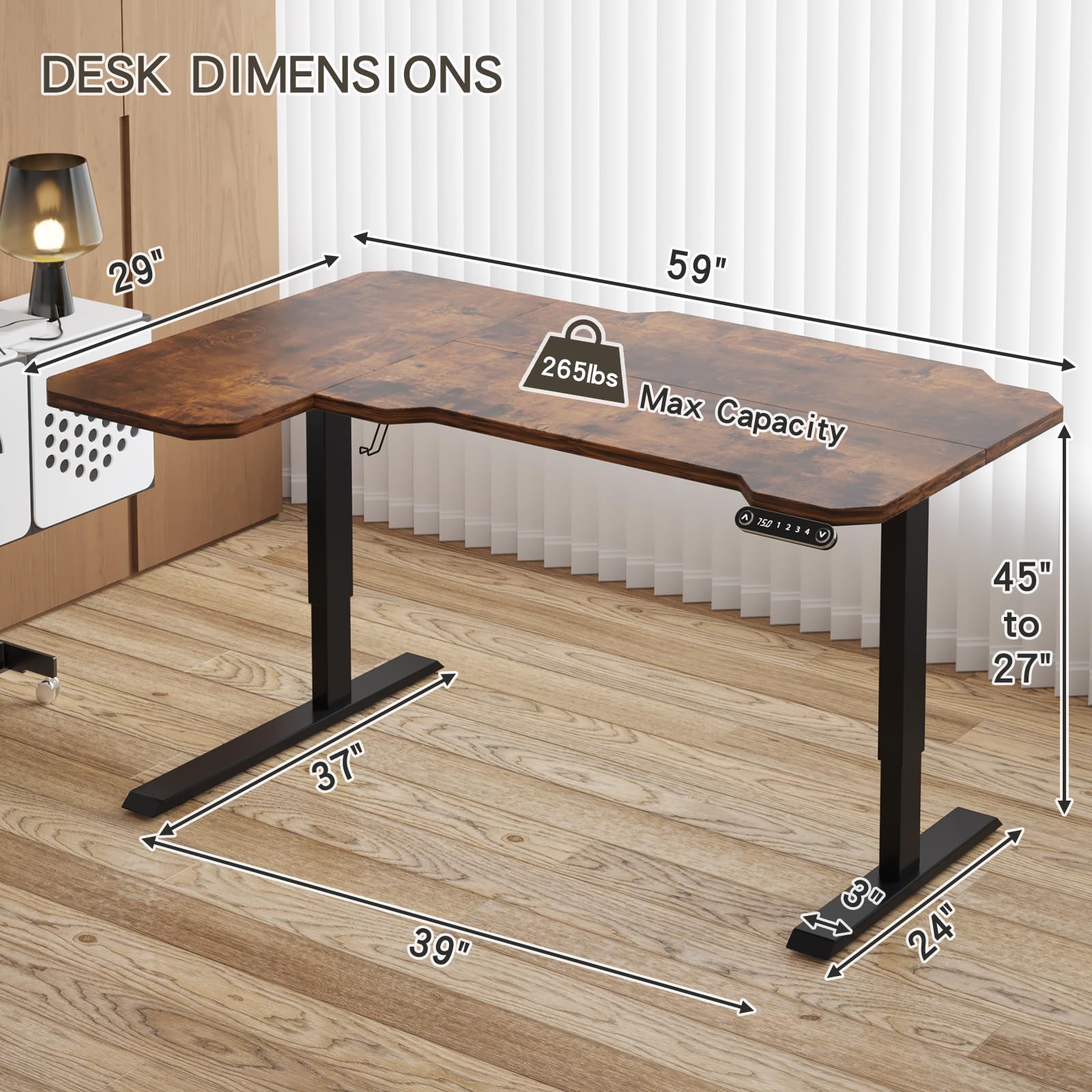 Sileye Electric L Shape 59 Inches Standing Desk, Height Adjustable Sit Stand Up Computer Table, Large Modern Smart Ergonomic Home Office Workstation with Splice Board Rustic Brown Top + Black Frame