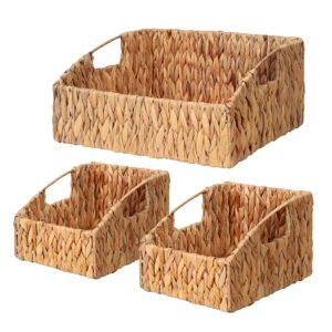 ollieroo natural water hyacinth storage baskets, handwoven wicker storage bins with built-in handles, storage container baskets for shelves, bedroom, bathroom, laundry room or kitchen(set of 3)