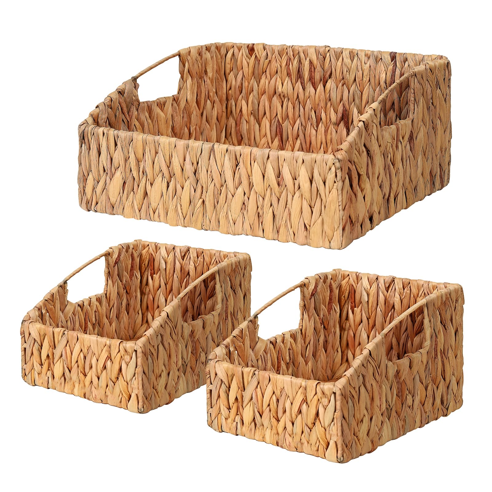 Ollieroo Natural Water Hyacinth Storage Baskets, Handwoven Wicker Storage Bins with Built-in Handles, Storage Container Baskets for Shelves, Bedroom, Bathroom, Laundry Room or Kitchen(Set of 3)