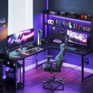 AODK L Shaped Gaming Desk with Hutch & 2 Power Outlets & 2 LED Strips & Monitor Stand, 66" Reversible Computer Desk with Storage Shelves, Corner Desk for Home Office, Black