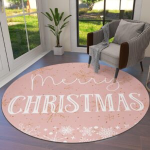 merry christmas round area rug 5ft,washable outdoor indoor carpet runner rug for bedroom,kitchen,bathroom,living/dining/laundry room,office,area+rug bath door mat blush pink gold winter snowflake