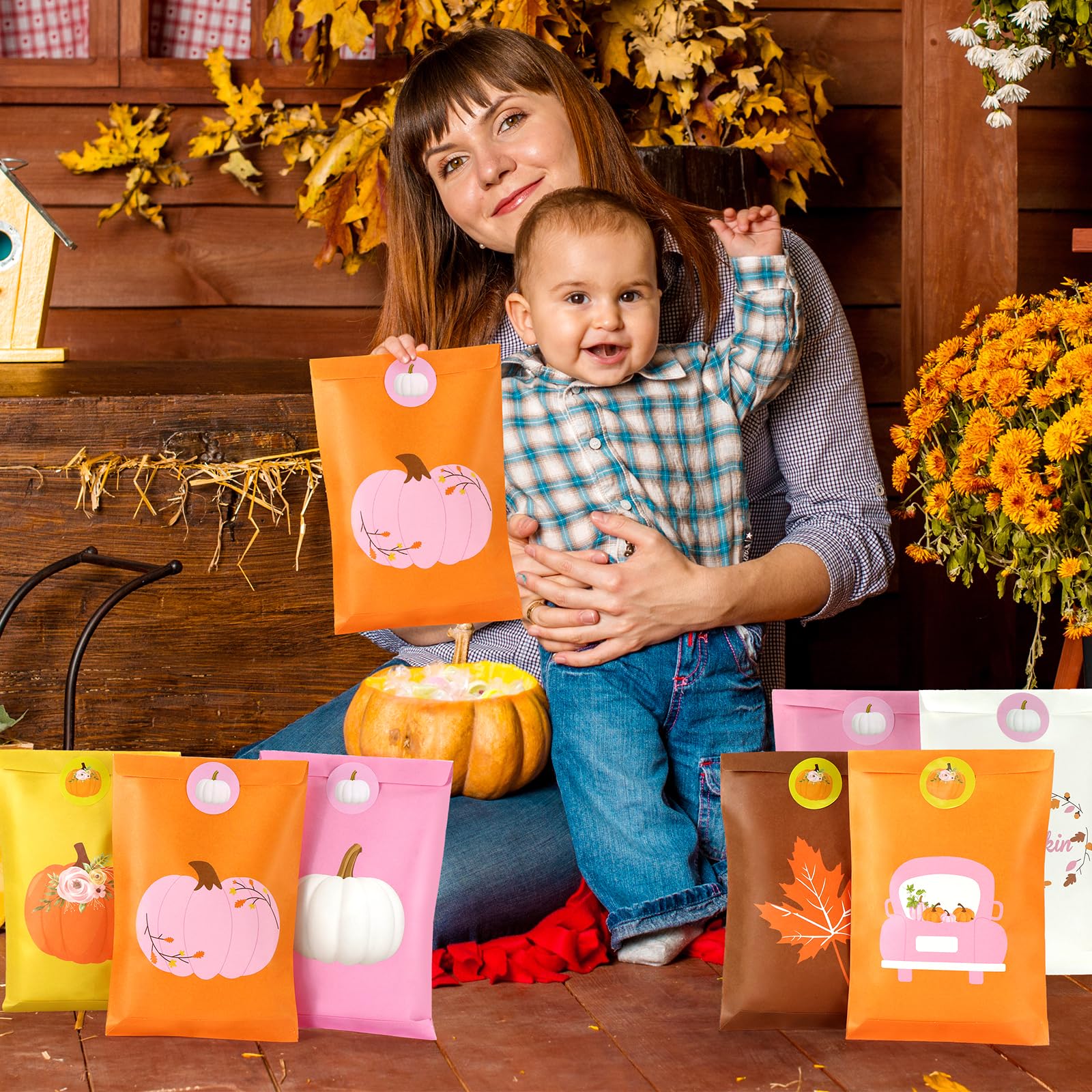 48Pcs Little Pumpkin Party Favor Bags, Pink Pumpkin Candy Bags Halloween Goodie Gift Bags with Stickers for Girl Fall Baby Shower Little Pumpkin Baby Shower Fall Birthday Thanksgiving Party Favor