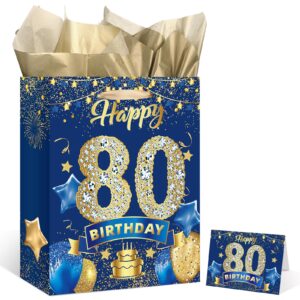 blue 80th birthday gift bag, large navy blue and gold happy 80th birthday gift bag with card and 3pcs tissue paper for men women 80th anniversary birthday party favors goodie wrapping bag supplies