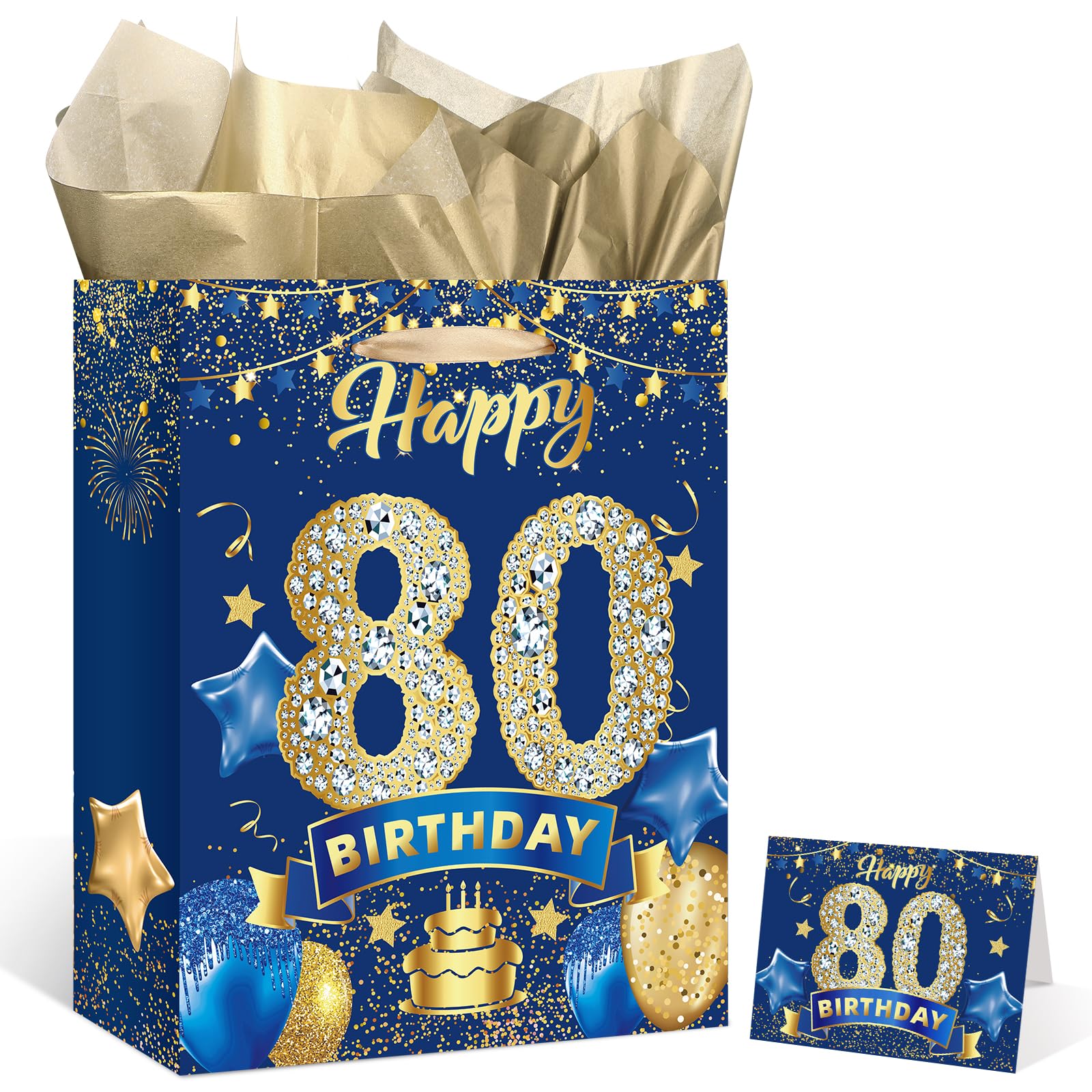 Blue 80th Birthday Gift Bag, Large Navy Blue and Gold Happy 80th Birthday Gift Bag with Card and 3pcs Tissue Paper for Men Women 80th Anniversary Birthday Party Favors Goodie Wrapping Bag Supplies