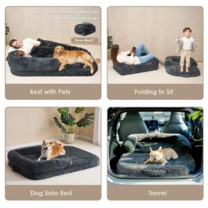 EHEYCIGA Foldable XL Dog Bed, Faux Fur Fluffy Dog Bed for Extra Large Dogs, Orthopedic Calming Memory Foam XL Dog Couch Bed, Washable Soft Warm Dog Sofa Bed with Non-Slip Bottom, Dark Grey, 40"x30"x6"