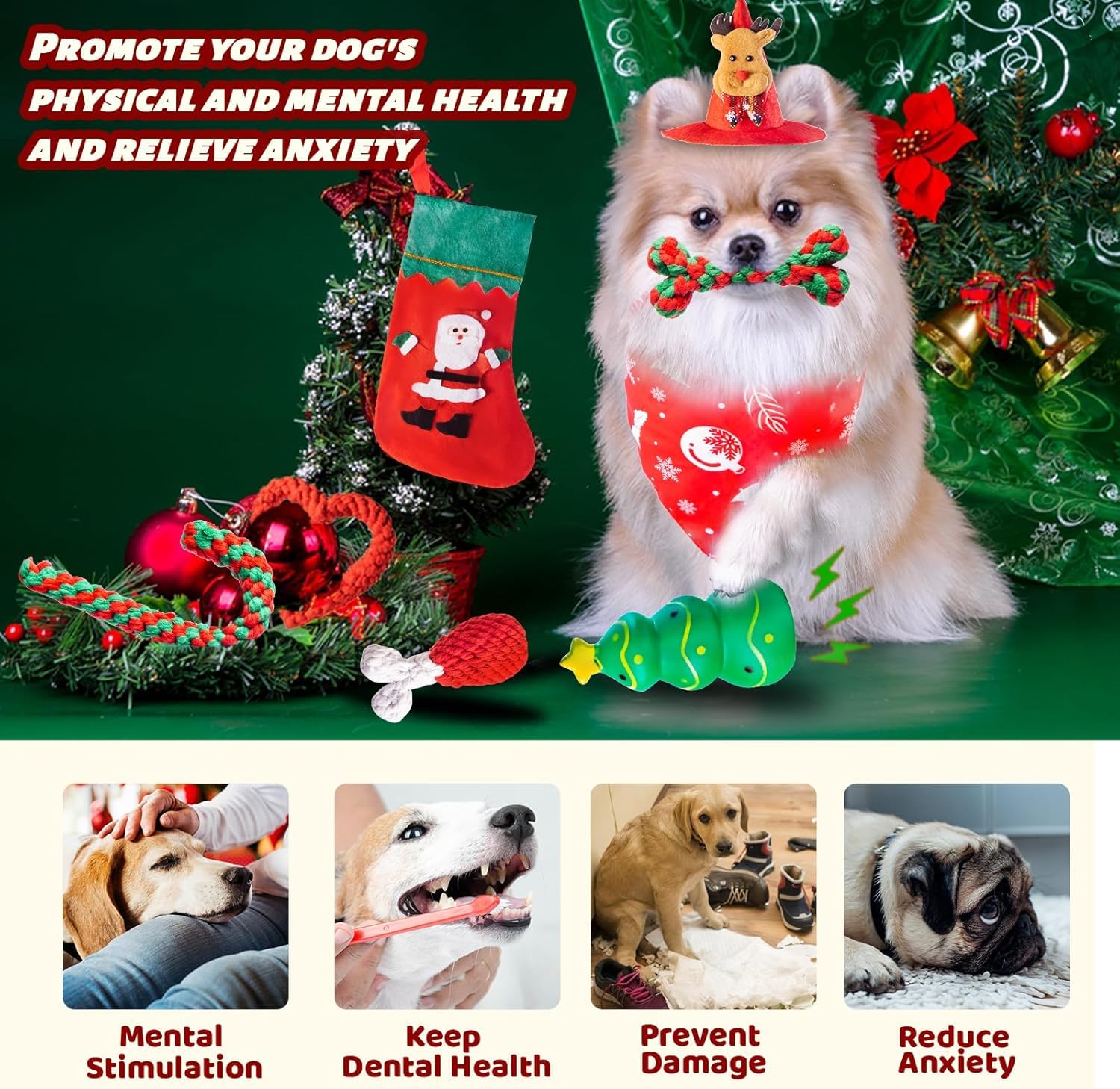 DARDOHIA Christmas Dog Toys for Small and Medium Dogs with Hat and Bandana Dog Christmas Stocking with Rope Toys and Squeaker Toys Christmas Puppy Chew Toys for Teething Bulk, 8 Pack