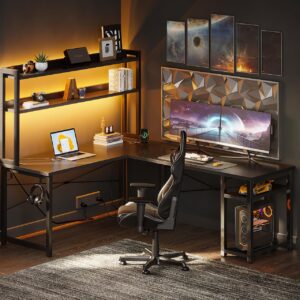 AODK L Shaped Gaming Desk with Hutch & 2 Power Outlets & 2 LED Strips & Monitor Stand, 66" Reversible Computer Desk with Storage Shelves, Corner Desk for Home Office, Black